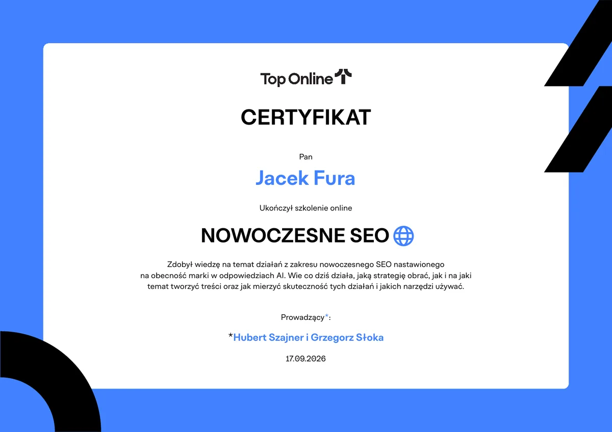 Certyfikat Nowoczesne SEO: obecność marki w odpowiedziach AI, Jacek Fura, Top Online 2026