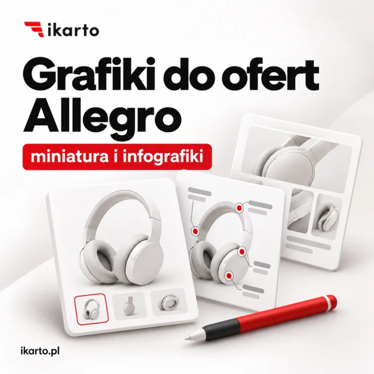Grafiki do ofert Allegro: miniatura produktu i infografiki z opisem cech na przykładzie słuchawek, usługa IKARTO