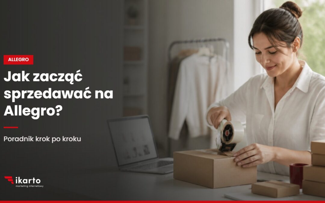 Sprzedawczyni pakuje zamówienie z Allegro do kartonu przy biurku z laptopem