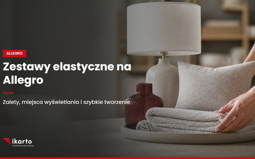 Zestaw produktów do domu: lampa, poduszka, wazon i koc ułożone razem jak zestaw na Allegro